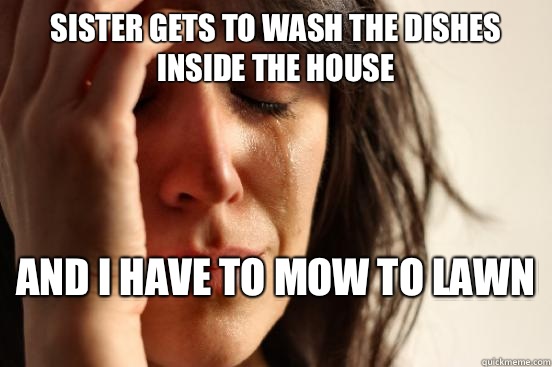 Sister gets to wash the dishes inside the house And I have to mow to lawn   First World Problems