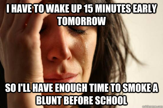 I have to wake up 15 minutes early tomorrow So i'll have enough time to smoke a blunt before school  First World Problems