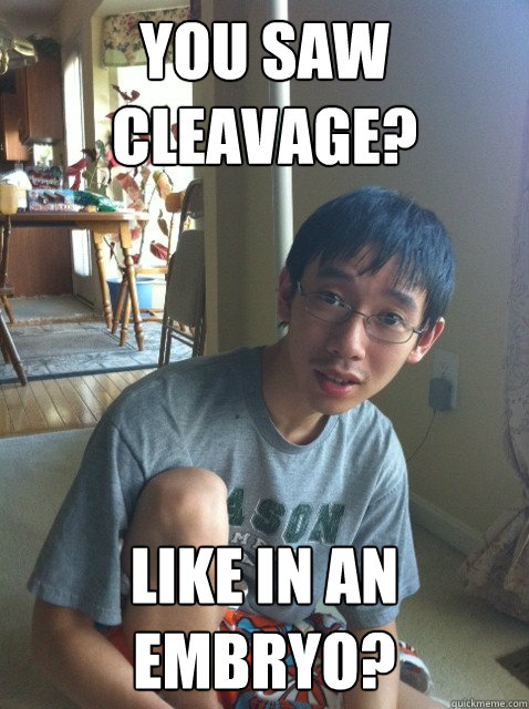 You saw Cleavage? Like in an embryo?  Sexually repressed nerd