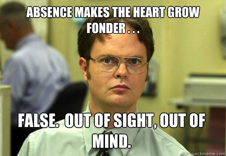 Absence makes the heart grow fonder . . . False.  Out of sight, out of mind. - Absence makes the heart grow fonder . . . False.  Out of sight, out of mind.  Dwight