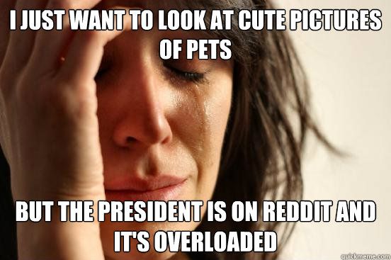 I just want to look at cute pictures of pets but the president is on reddit and it's overloaded  First World Problems