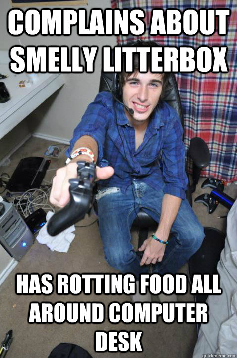 complains about smelly litterbox has rotting food all around computer desk  