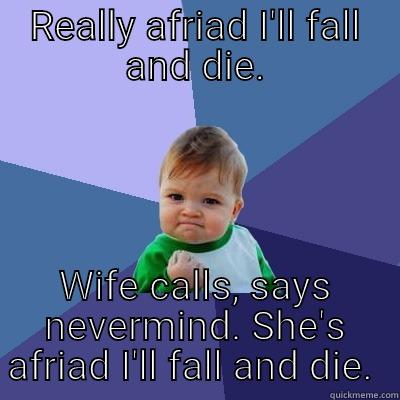 REALLY AFRIAD I'LL FALL AND DIE. WIFE CALLS, SAYS NEVERMIND. SHE'S AFRIAD I'LL FALL AND DIE.  Success Kid