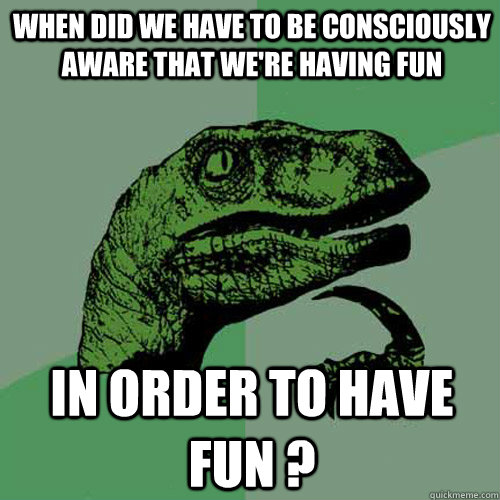 When did we have to be consciously aware that we're having fun in order to have fun ?  Philosoraptor