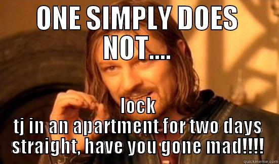 ONE SIMPLY DOES NOT.... LOCK TJ IN AN APARTMENT FOR TWO DAYS STRAIGHT, HAVE YOU GONE MAD!!!! Boromir
