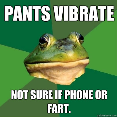 Pants vibrate Not sure if phone or fart.   Foul Bachelor Frog