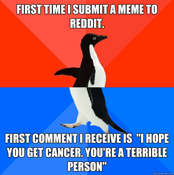 First time i submit a meme to reddit. First comment i receive is "i