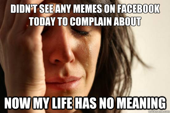 Didn't see any memes on facebook today to complain about now my life has no meaning  First World Problems