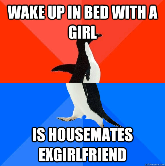 Wake up in bed with a girl Is housemates exgirlfriend  Socially Awesome Awkward Penguin