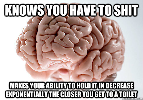 Knows you have to shit Makes your ability to hold it in decrease exponentially the closer you get to a toilet  Scumbag Brain