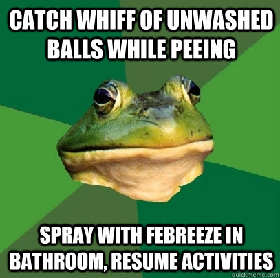 Catch whiff of unwashed balls while peeing spray with febreeze in bathroom, resume activities  Foul Bachelor Frog