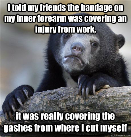 I told my friends the bandage on my inner forearm was covering an injury from work, it was really covering the gashes from where I cut myself  Confession Bear