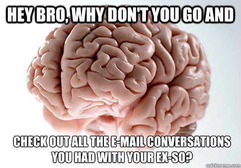 HEY BRO, WHY DON'T YOU GO AND CHECK OUT ALL THE E-MAIL CONVERSATIONS YOU HAD WITH YOUR EX-SO?   Scumbag Brain