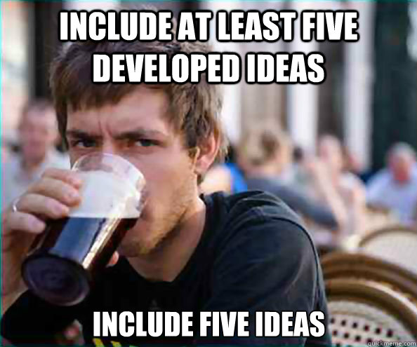 Include at least five developed ideas Include five ideas  Lazy College Senior