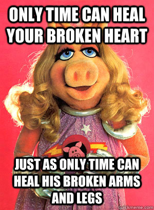 Only TIme can heal your broken heart just as only time can heal his broken arms and legs  Miss Piggy