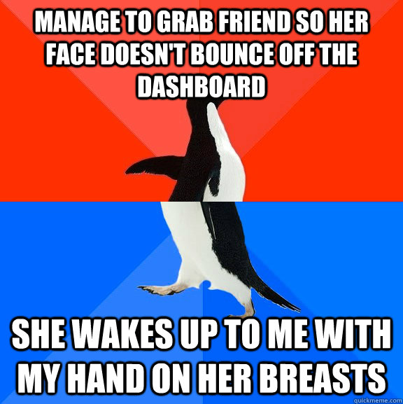 manage to grab friend so her face doesn't bounce off the dashboard She wakes up to me with my hand on her breasts  Socially Awesome Awkward Penguin