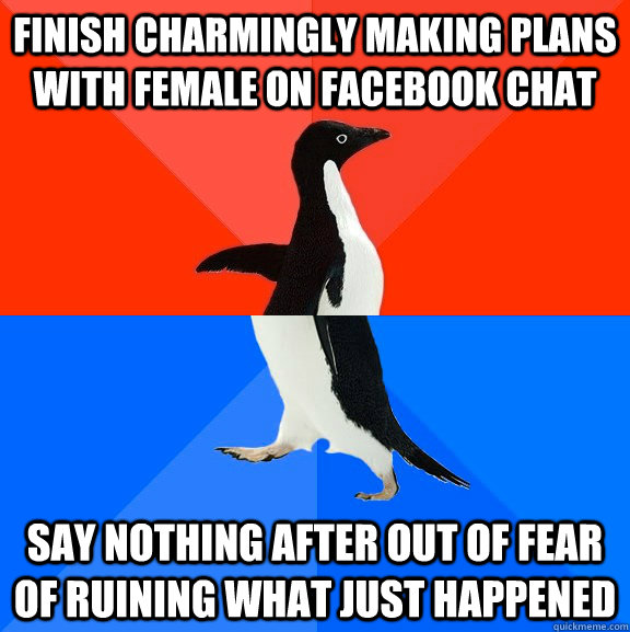 Finish charmingly making plans with female on facebook chat Say nothing after out of fear of ruining what just happened  Socially Awesome Awkward Penguin