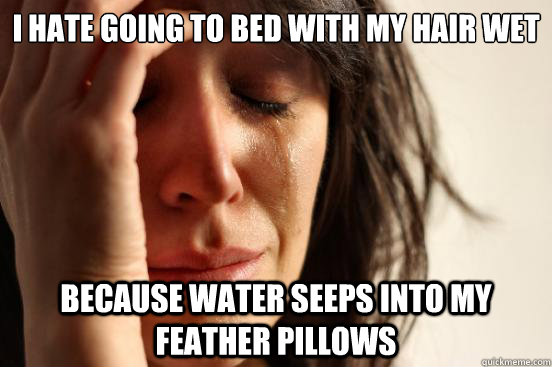 i hate going to bed with my hair wet because water seeps into my feather pillows  First World Problems