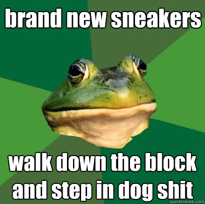 brand new sneakers walk down the block and step in dog shit  Foul Bachelor Frog