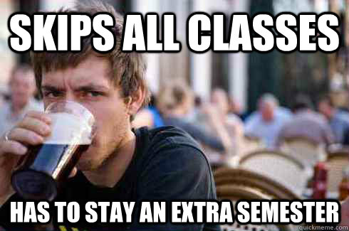 Skips all classes has to stay an extra semester  Lazy College Senior