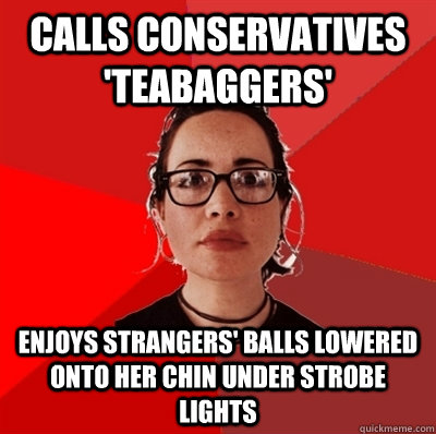 Calls conservatives 'teabaggers' enjoys strangers' balls lowered onto her chin under strobe lights  Liberal Douche Garofalo