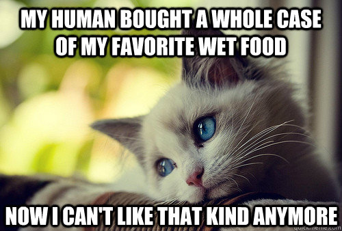 My human bought a whole case of my favorite wet food Now I can't like that kind anymore  First World Cat Problems