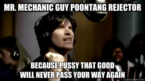 Mr. Mechanic Guy Poontang Rejector Because pussy that good 
will never pass your way again  
