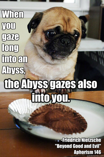 When you 
gaze long 
into an Abyss, the Abyss gazes also into you. -Friedrich Nietzsche
