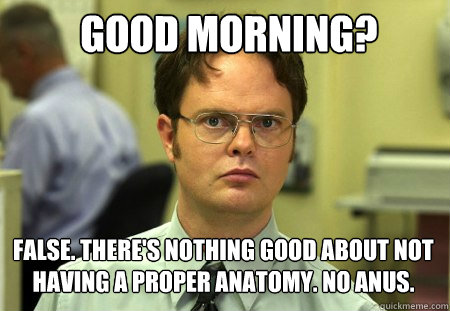 Good morning? FALSE. There's nothing good about not having a proper anatomy. No anus.  Schrute