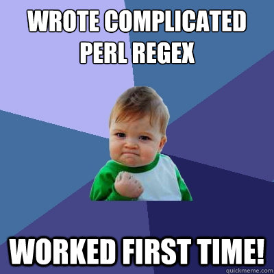 wrote complicated perl regex worked first time!  Success Kid