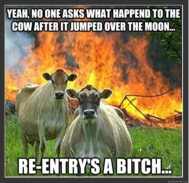 Yeah, no one asks what happend to the cow AFTER it jumped over the moon... Re-entry's a bitch...  Evil cows