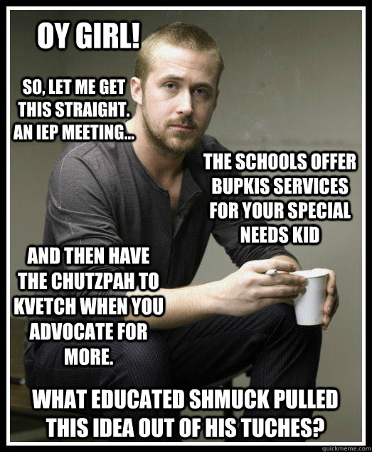 Oy Girl! So, let me get this straight. An IEP meeting... The schools offer bupkis services for your special needs kid And then have the chutzpah to kvetch when you advocate for more. What educated shmuck pulled this idea out of his tuches? - Oy Girl! So, let me get this straight. An IEP meeting... The schools offer bupkis services for your special needs kid And then have the chutzpah to kvetch when you advocate for more. What educated shmuck pulled this idea out of his tuches?  Oy Girl IEP Meetings