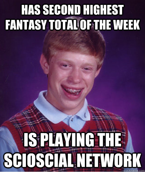 Has second highest fantasy total of the week Is playing The Scioscial Network  Bad Luck Brian