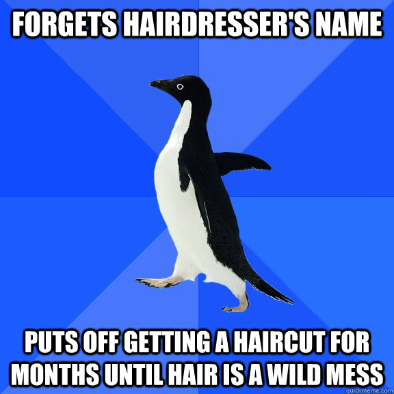 forgets hairdresser's name puts off getting a haircut for months until hair is a wild mess  Socially Awkward Penguin
