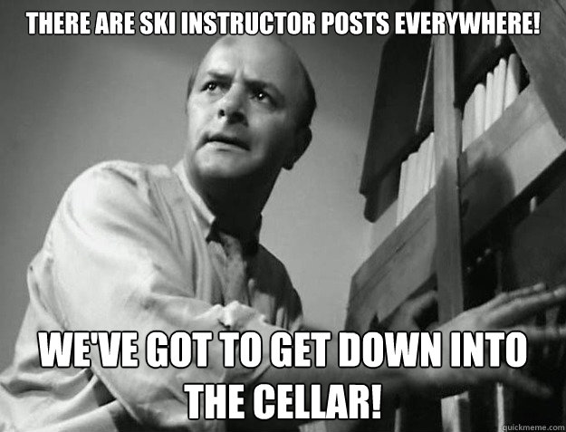 There are Ski instructor posts everywhere! We've got to get down into the cellar! - There are Ski instructor posts everywhere! We've got to get down into the cellar!  the Weve got to get down into the cellar! guy
