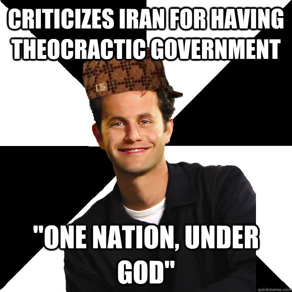 criticizes iran for having theocractic government 