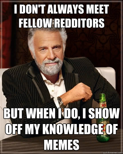 I don't always meet fellow redditors But when I do, I show off my knowledge of memes  The Most Interesting Man In The World