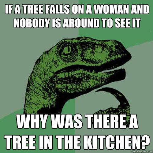 if a tree falls on a woman and nobody is around to see it why was there a tree in the kitchen? - if a tree falls on a woman and nobody is around to see it why was there a tree in the kitchen?  Philosoraptor