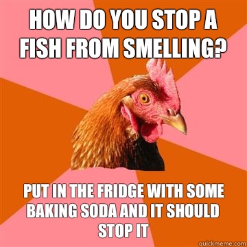 How do you stop a fish from smelling? Put in the fridge with some baking soda and it should stop it - How do you stop a fish from smelling? Put in the fridge with some baking soda and it should stop it  Anti-Joke Chicken