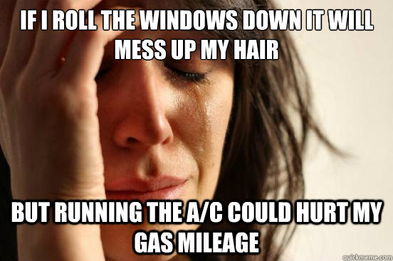 if i roll the windows down it will mess up my hair but running the A/C could hurt my gas mileage - if i roll the windows down it will mess up my hair but running the A/C could hurt my gas mileage  First World Problems