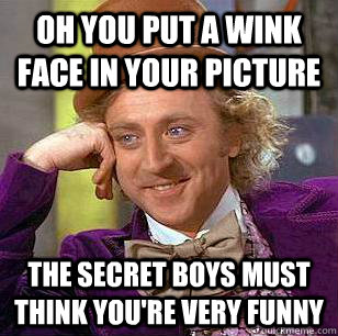 OH YOU PUT A WINK FACE IN YOUR PICTURE THE SECRET BOYS MUST THINK YOU'RE VERY FUNNY  Condescending Wonka