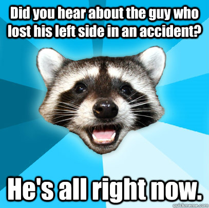 Did you hear about the guy who lost his left side in an accident? He's all right now.  Lame Pun Coon
