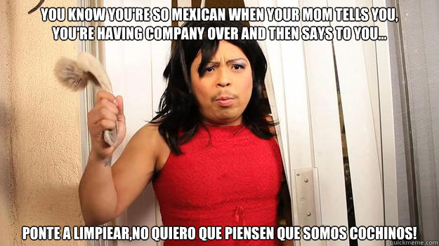 You know you're so Mexican when your mom tells you,
you're having company over and then says to you...
  Ponte a limpiear,No quiero que piensen que somos cochinos!   