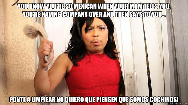 You know you're so Mexican when your mom tells you,
you're having company over and then says to you...
  Ponte a limpiear,No quiero que piensen que somos cochinos!  - You know you're so Mexican when your mom tells you,
you're having company over and then says to you...
  Ponte a limpiear,No quiero que piensen que somos cochinos!   Bad Enlgish Mexican Mom