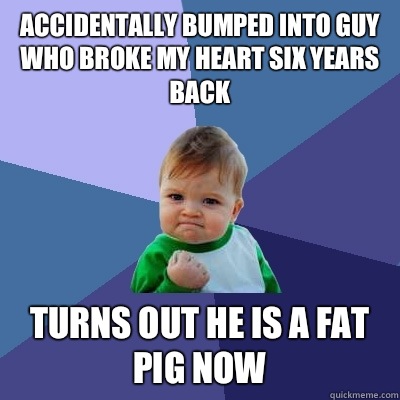 Accidentally bumped into guy who broke my heart six years back  Turns out he is a fat pig now  Success Kid