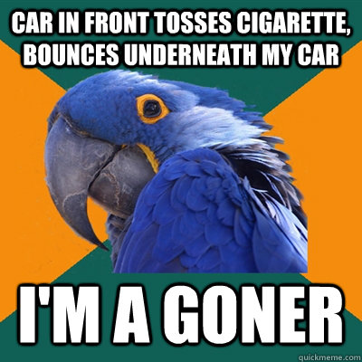Car in front tosses cigarette, bounces underneath my car i'm a goner  Paranoid Parrot