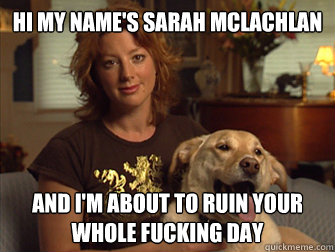 Hi my name's Sarah Mclachlan And I'm about to ruin your whole fucking day - Hi my name's Sarah Mclachlan And I'm about to ruin your whole fucking day  Sarah Mclachlan