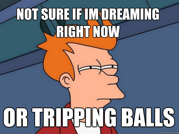 not sure if im dreaming right now or tripping balls  Futurama Fry