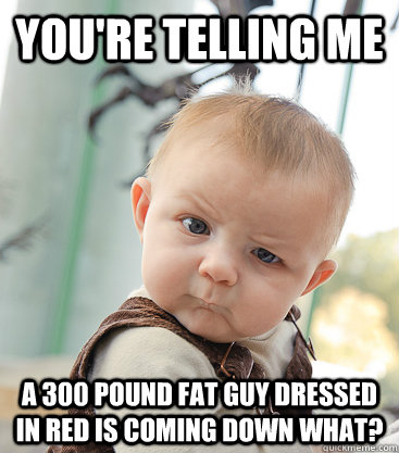 You're telling me A 300 pound fat guy dressed in red is coming down what?  skeptical baby