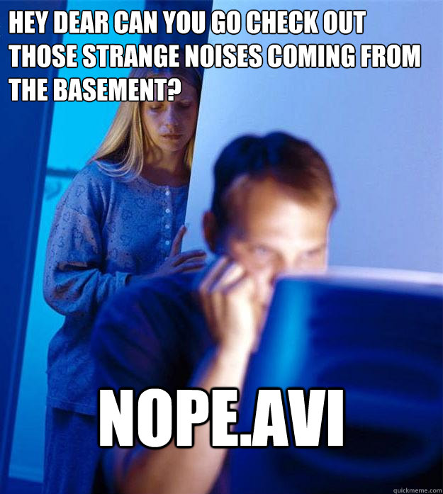 Hey dear can you go check out those strange noises coming from the basement? NOPE.AVI  Redditors Wife